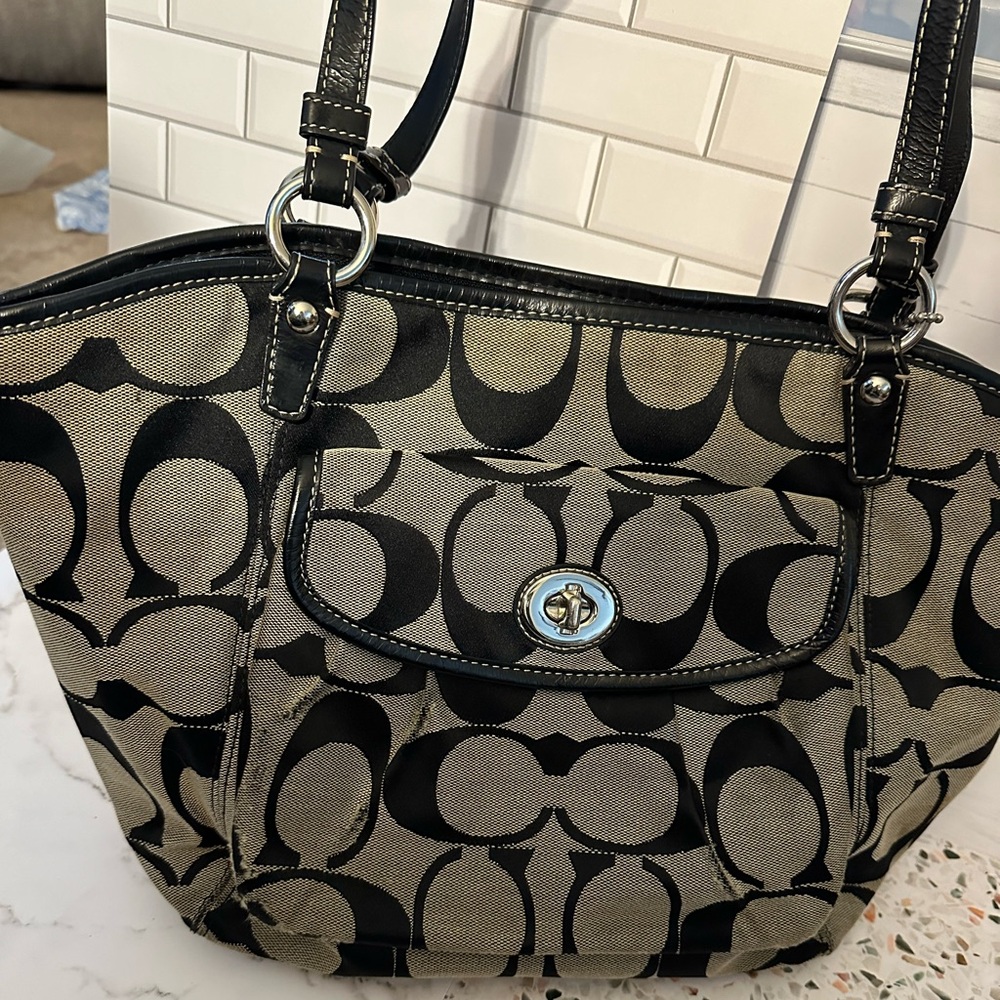 Grey and Black Cloth Stitched Used Coach Purse